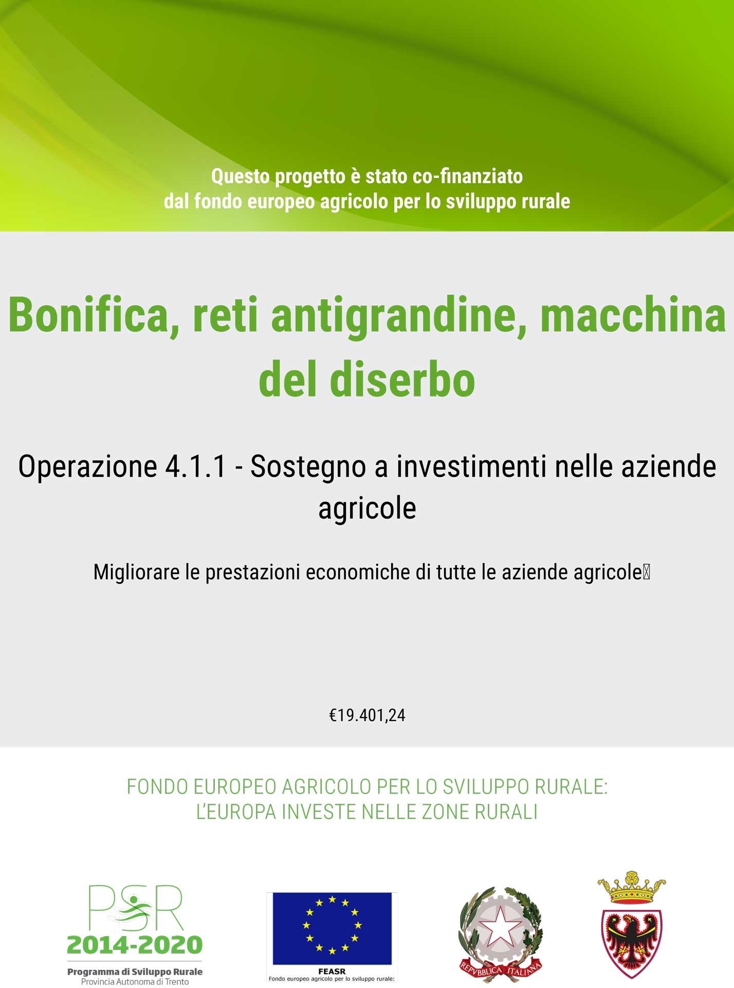 Brochure informativa su un progetto agricolo co-finanziato dall'Unione Europea per il sostegno alle aziende agricole.